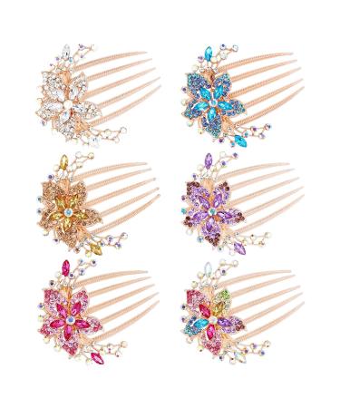 inSowni 6 Pack Luxury Glitter Sparkly Jeweled Gems Crystals Rhinestones Gold Metal Decorative Hair Side Combs Slides with Long Teeth Hair Bun Chignon Updo Accessories Hairpins Barrettes Clips for Women Girls