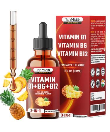 Tenmido 3-in-1 Vitamin B Complex Liquid Drops for Women & Men - with B1 Thiamine B6 Pyridoxine B12 Methylcobalamin - Alcohol-Free Non-GMO - 30ml 1 Fl Oz