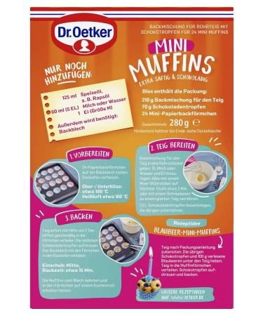 Dr.Oetker Mini Muffins 270g - Chocolate Drops Baking Mixture for 24 Delicious Mini Muffins - Easy to Use with Shapes - Buy Online on GoSupps.com