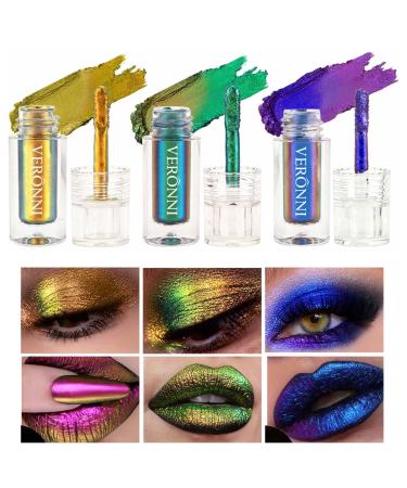 VERONNI Chameleon Eyeshadow 3Colors Liquid Metallic Eyeshadows Color Shifting Holographic Glitter Multichrome Eye Shadow High Pigmented Long Lasting and Smudge Proof (#01+03+05)