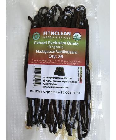 26 Organic Madagascar Vanilla Beans Extract Exclusive Grade B| 4.5" - 5.5" by FITNCLEAN VANILLA| Certified USDA Organic. Bulk Dry Whole Bourbon NON-GMO Pods Madagascar 26 Count (Pack of 1)