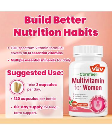 VEV Multivitamin for Women, Womens Vitamins with Vitamin A, C, D, E & B-Complex, Calcium, Magnesium, Zinc, 120 Capsules, 60-Day Supply 12 Essential Vitamins & 6 Key Minerals for Daily Nutrition 120 Count (Pack of 1) - Buy Online on GoSupps.com