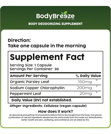 BodyBreeze Internal Deodorant Supplement | Natural Chlorophyll 30 Capsules for Body Odor Control Gut Health and Fresh Breath | Vegan Detox Support & Skin Health | Odor Eliminator for Men & Women - Buy Online on GoSupps.com