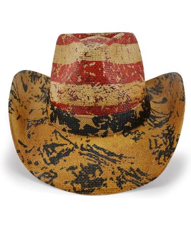 FLUFFY SENSE Vintage USA American Flag Cowboy Hat - Classic Western Style Tea Stained Unisex Cowboy Cowgirl Hat in Muddy Yellow - Buy Online on GoSupps.com