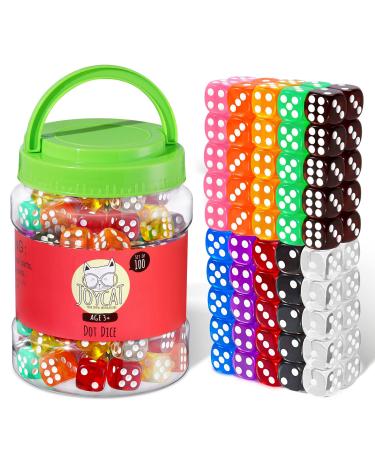 JoyCat 100 16mm 6 Sided Dice Set Standard Game Dice Kids for Board Games Dice Games Math Dice for Classroom with Storage Bucket Translucent 10 Colors