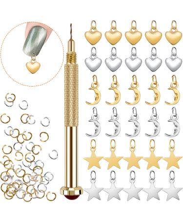 PAGOW 71 PCS Dangle Nail Art Charm  Nail Jewelry Rings with Nail Piercing Tool Hand Drill for Tips  Acrylic  Gels and Decorations 71 Count (Pack of 1)