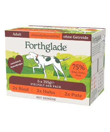Forthglade Wet Dog Food (Mixed Pack 6 x 395g) - Grain Free Food with Beef Turkey or Chicken and Vegetables for Adult Dogs 1 Year and Older - Hypoallergenic Food