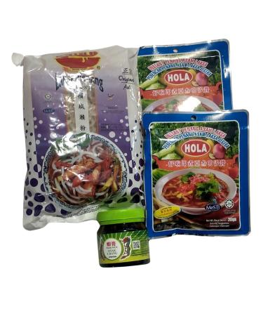 Penang Asam Laksa Bundle Pack of 4 Items: Dried Thick Laksa Noodles Hola Asam Laksa Paste x 2 and Prawn Paste/Petis Udang/Haeh Kor