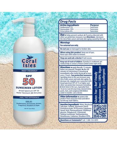 Coral Isles by Rocky Mountain Sunscreen | SPF 50 Lotion | Broad Spectrum UVA/UVB Protection | Hawaii Reef-Safe Act Compliant | Oxybenzone & Octinoxate Free | Water Resistant 80 Min. | 32 Fl Oz SPF 50 Lotion 32 Fl Oz (Pack o  - Buy Online on GoSupps.com