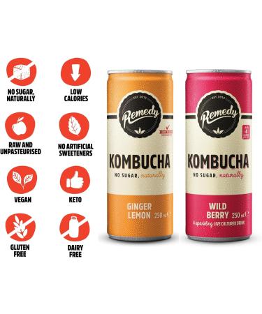 Remedy Kombucha Tea - Wild Berry & Ginger Lemon - Naturally Sugar Free Soft Drink - Prime Probiotic Drink for Gut Health - 24 x 250ml - Buy Online on GoSupps.com