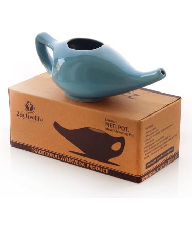 Ceramic Neti Pot Set - Premium Handcrafted Blue Sinus Rinse Kit with 5 Sachet Neti Salt - 225ml Capacity - Buy Online on GoSupps.com