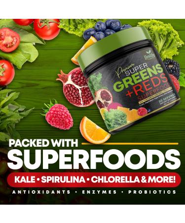 Superfood Greens Powder Supplement with Spirulina, Wheat Grass, Chlorella - Vegan Non-GMO Blend with Digestive Enzymes & Antioxidants - 30 Servings - Buy Online on GoSupps.com