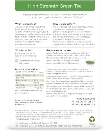Healthspan High Strength Green Tea Tablets - Chromium & Vitamin B2 - Vegan - Support Normal Blood Glucose & Cell Protection - Buy Online on GoSupps.com