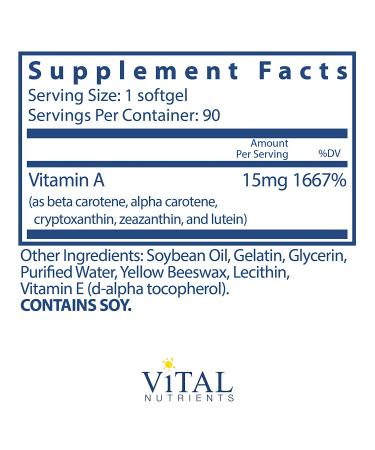 Vital Nutrients Natural Beta Carotene 25000 IU - Antioxidant for Vision, Skin & Reproductive Health - 90 Softgels - Buy Online on GoSupps.com
