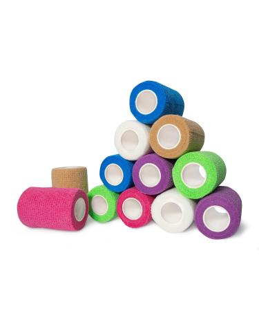 Self Adhesive Bandage Wrap: Bandage Roll and First Aid Wrap for Wounds - Non-Woven Breathable & Water-Resistant Vet Wrap for First Aid - 12 Pack 3 x 5 Yard Multicolor
