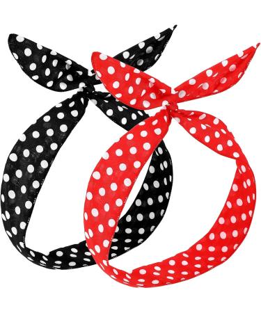 2 Pieces Polka Dot Headbands Sibba Rabbit Ear Bow Headwraps Retro Bandana Christmas Dress Up 50s Wire Headband Vintage Print Hairband Cute Knotted Hair Accessories for Women Girls - Buy Online on GoSupps.com