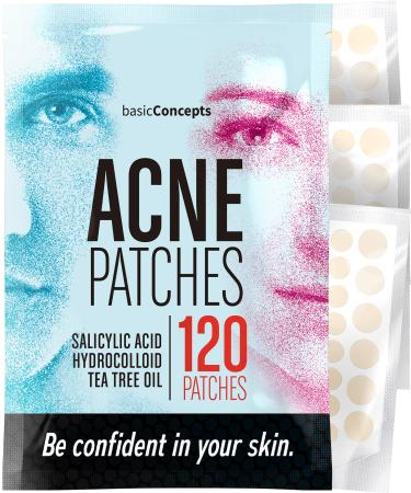 BASIC CONCEPTS Acne Patches (120 Pack), Salicylic Acid, Tea Tree Oil and Hydrocolloid Pimple Patches for Face, Zit Patch (3 Sizes), Blemish Patches, Acne Spot Dots, Pimple Stickers, Acne Patches Salicylic Acid & Tea Tree Oil