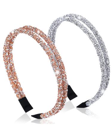 Wincredulous 2 Pieces Crystal Side Glitter Rhinestone Headbands Non-slip Crystal Rhinestone Headbands for Women Girl Shiny Imitation Diamond Crystal Hoop Headband for Wedding Birthday Daily Decor