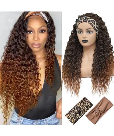 Ombre Brown Headband Wig Water Wave Headband Wigs for Black Women Synthetic Glueless Half Wig 26 Inch 180% Density Curly Wigs with Headbands Attached Natural for Daily Use (26 inch,30/16#) 26 Inch (Pack of 1) T30-16