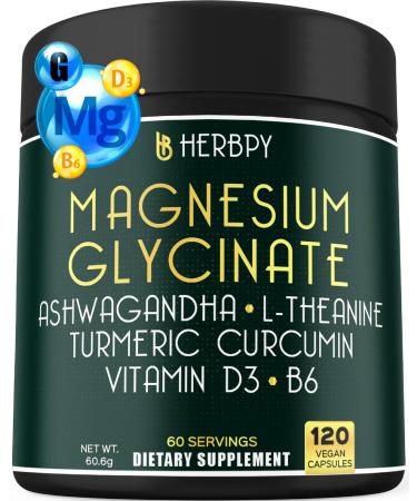 Herbpy 6in1 Restful Day and Night Supplement with Magnesium Glycinate Vitamin D3 B6 L-Theanine Ashwagandha and Turmeric Root - Brain Heart and Digestive Health Support - 120 Vegan Capsules