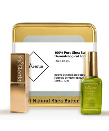 Eu'Genia Shea Face Lip & Body Shea & Moringa 3-PC Gift Set Hydrating Lip Balm Nourishing Body Oil 12oz Dermatological Shea Butter Natural Skincare