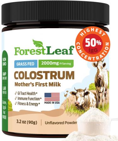 ForestLeaf Colostrum Powder 50% IgG Highest Pure Concentration Grass Fed Colostrum Supplement for Gut Health Immune Support and Muscle Recovery Bovine Colostrum for Humans Unflavored 45 Servings 3.2 Ounce (Pack of 1)
