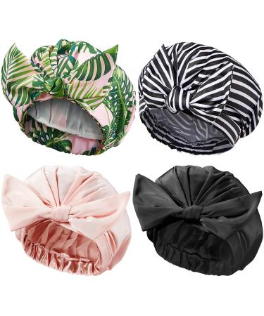 4 Pieces Shower Caps for Women, Waterproof Reusable Shower Hair Caps Elastic Hem Turban Shower Bath Caps Bowknot Silky Satin Bath Hair Caps for Long Short Curly Hair (Stripe Pattern, Mixed Color)