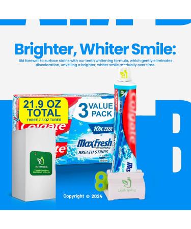Max Fresh Whitening Toothpaste with Mini Breath Strips - Cool Mint 3 Large Tubes (21.9 oz) + Bonus Gift Set: Toothpaste Squeezer & No-Mess Caps - International Shipping Available - Buy Online on GoSupps.com