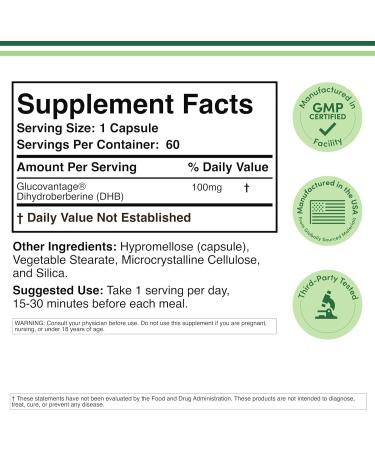 Dihydroberberine Supplement 100mg 60 Capsules (Patented GlucoVantage Super Berberine May be 5X More Effective Than Berberine with Less Side Effects) Third Party Tested Vegan Safe by Double Wood - Buy Online on GoSupps.com