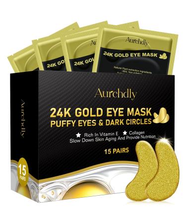 Under Eye Patches(24K Gold 15 Pairs) Gel Eye Mask for Reduce Dark Circles Puffy Eyes Undereye Bags Wrinkles -with Hyaluronic Acid & Collagen Eye Treatment Skin Care for Men & Women Gift