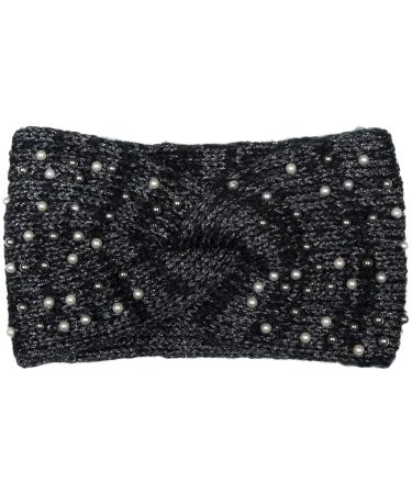 Stylbreaker women knit headband with pearls metallic yarn and twist knot warm winter hair band headband 04026029 color: black