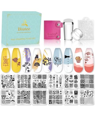Biutee Nail Stamping Plates Set with Gift Box 12 Nail Stamper Plates 1 Nail Art Stamper 1 Scraper 1 Storage Bag French Tip Nail Stamp Plate Flower Leaf Pattern Template Image Plate Stamp Plates Kit 15 Piece Set