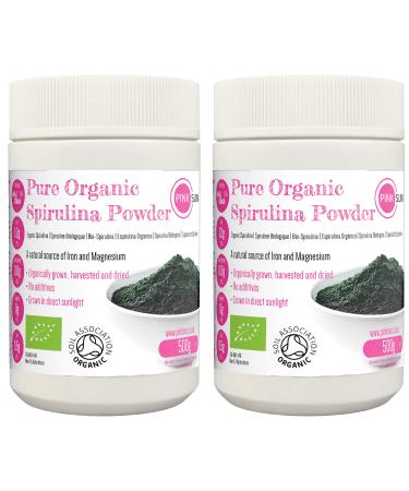 PINK SUN Organic Spirulina Powder 1kg (500g x 2) Gluten Free Non GMO Suitable for Vegetarians and Vegans Certified Organic by The Soil Association Bulk