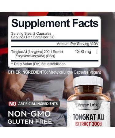 Vegan Labs Tongkat Ali 200:1 Extract - 1200MG Energy & Stamina Support - 180 Vegan Capsules - Gluten Free & Non-GMO Supplement - Buy Online on GoSupps.com