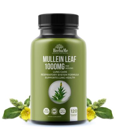 HerbaMe Mullein Leaf 1000mg  120 Capsules  Detox Lung Cleanse  Supports Respiratory Function Health and Mucous Membranes  Lung Care  Promotes Ear Health  Mucus Relief Herbal Supplement