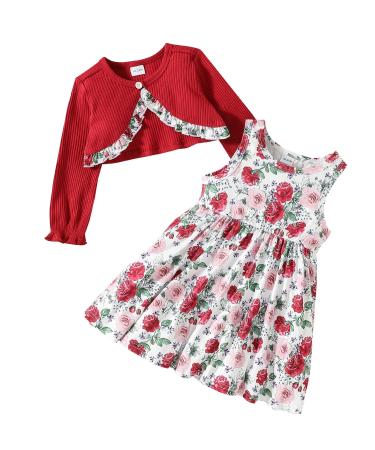 puseky Toddler Girl Dress and Cardigan 2 Piece Girl Floral Print Sleeveless Dress and Ribbed Cardigan Coat Set 5-6 Years Wine Red
