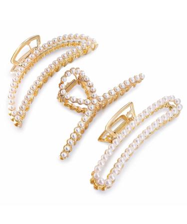 LINXUXIE Large Pearl Claw Hair Clips 4.5 inch Zinc Alloy Big Banana Hair Claw for Thick Hair Strong Hold Hair Clips for Women Fashion Hair Accessories for Girls (Pearl Hair Clips(3PCS)) Pearl Hair Clips 3PCS
