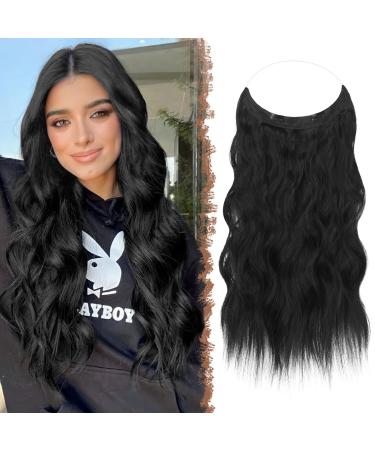 FESHFEN Invisible Wire Black Hair Extensions with Transparent Wire Adjustable Size with 2 Secure Clips Synthetic Hair Piece Long Wavy Secret Headband Hairpieces for Women 16 Inch 16 inch Black