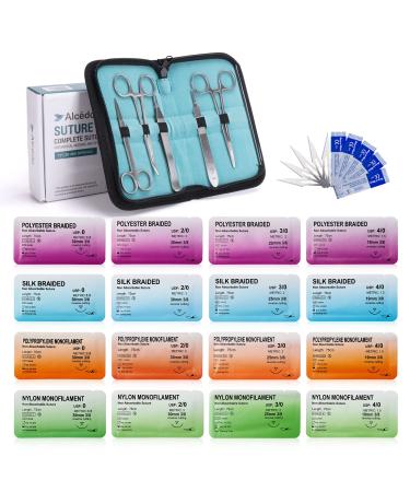 Alcedo Sterile Sutures Thread & Needle with Tools Kit First Aid Field Emergency Supplies 16 Mixed 0 2/0 3/0 4/0 with 12 Instruments Complete Kit (28 Pieces) No Pad