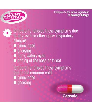 RIGHT REMEDIES Allergy Relief Antihistamine Diphenhydramine HCL 25mg Relieves Seasonal Indoor or Outdoor Allergies Runny Nose Sneezing Allergy Relief (1000 Capsules) - Buy Online on GoSupps.com