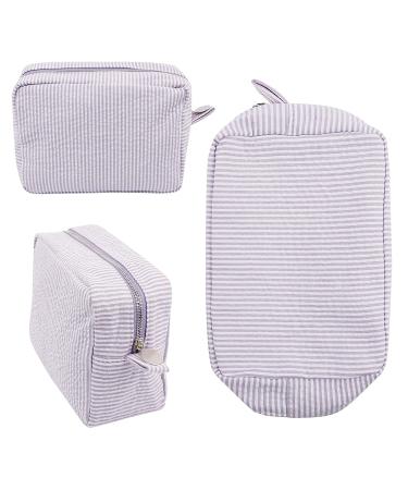 Seersucker Cosmetic Bag - Large Makeup Pouch Travel Toiletry Case | Purple Organizer for Women & Girls - Buy Online on GoSupps.com