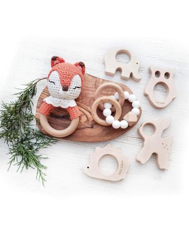 Organic Baby Wooden Teething Toys 4pk - Sea Animal Teether Set with Whale, Turtle, Elephant, Hedgehog - Natural and Untreated Pacifier Pendant - Buy Online on GoSupps.com