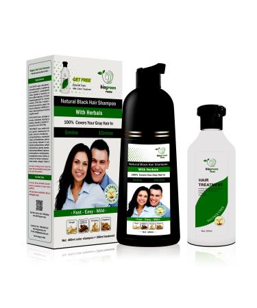 BIOGREEN ROOTS 400 ml Natural Black Hair Color Shampoo With Herbals + 200 ml Hair Treatment - Black Shampoo for Grey Hair - Covers Gray Hair in 10 Minutes - Hair Coloring Shampoo for Women  Men 13.53 Fl Oz (Pack of 1)