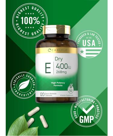 Carlyle Dry Vitamin E 400 IU | 120 Capsules | D-Alpha Tocopheryl | High Potency Formula | Non-GMO and Gluten Free - Buy Online on GoSupps.com