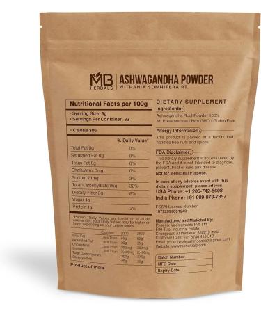 MB Herbals Pure Ashwagandha Powder 100g (3.5 oz) | Withania somnifera Root Powder - Organic Stress Relief Supplement - Buy Online on GoSupps.com