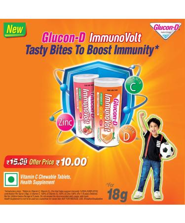Buy Glucon-D Immunovolt Energy Bite Tube - 9 Chewable Tablets 18gm (Orange Pack of 10) | International Shipping Available - Buy Online on GoSupps.com