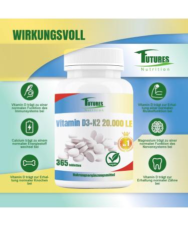 Future's Nutrition 20000 I.E Vitamin D3 K2 - Vegan High Bioavailability 365 Tablets for Optimal Purity & Health - Only 1 Tablet Every 20 Days - Buy Online on GoSupps.com