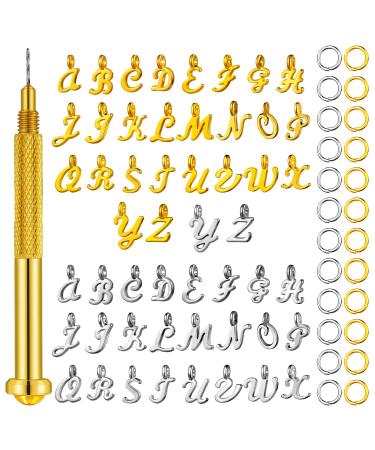 305 Pieces Dangle Nail Piercing Charms ABC Letter Set Alphabet Mini A-Z Letter Charms Alphabet Charms Initial Pendant Nail Jewelry Rings with Nail Piercing Tool Hand Drill for Tips (Silver  Gold)