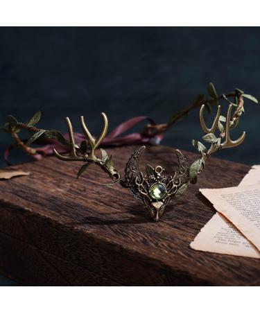 MOSTORY Handmade Deer Antler Crown Headband Forest Elf Headpiece Woodland Green Leaf Tiara Circlet for Wedding Bridal Themed Party Carnival Cosplay Festival Costume Accessory Green - Buy Online on GoSupps.com