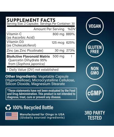 Oingo Immunity Booster Capsules Vitamin C Vitamin D3 Zinc and Quercetin 60 Capsules - Buy Online on GoSupps.com